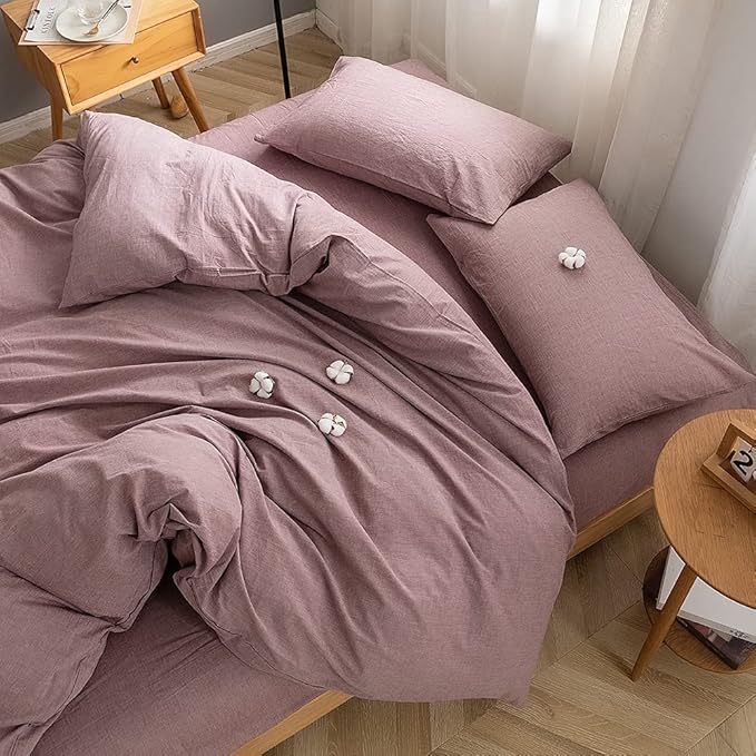 FACE TWO FACE Bedding Duvet Cover Set100% Washed Cotton Duvet Cover Linen Like Textured Breathable Durable Soft Comfy(Queen, Purple Bean Paste)