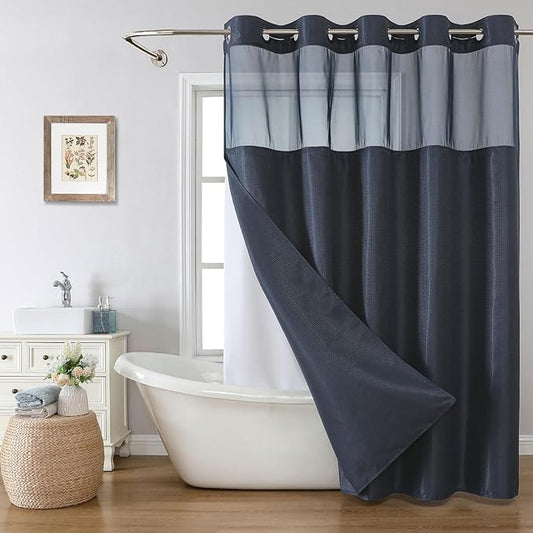 Navy No Hook Shower Curtain with Snap-in Fabric Liner Set,Waffle Weave Shower Curtains for Bathroom,Hotel Luxury Decor Bathroom Curtain Set,Waterproof & Washable,71Wx74H