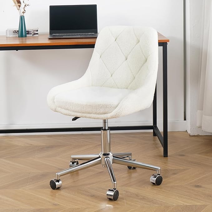 Furnimart 360° Swivel Rolling Desk Chair, Height Adjustable Vanity Chair with Silver Legs, Cute Task Chair with Wheels for Dorm Bedroom Studying Small Places (Teddy Beige)