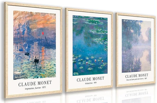 Cyebmo Vintage Botanical Wall Art Set of 3, Claude Monet Water Lilies Art Prints, Impression Sunrise Water Lilies Seine River Poster Prints for Living Room Bedroom Bathroom Wood Framed 12"x16"x3