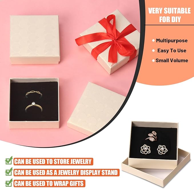 Tanstic 12Pcs Cardboard Jewelry Gift Boxes Kit, 3.5 x 3.5 x 1.2 Inch Beige Gift Boxes Cardboard Jewelry Boxes with 74ft Red Ribbon and Scissor for Rings, Necklaces, Earrings, Bracelets