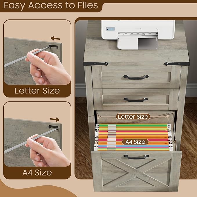 Vertical File Cabinet with 3 Drawers, Wooden Farmhouse Filing Cabinet for Letter/A4 Size Hanging Files, Under Desk Printer Stand with Storage for Home Office, Rustic Grey