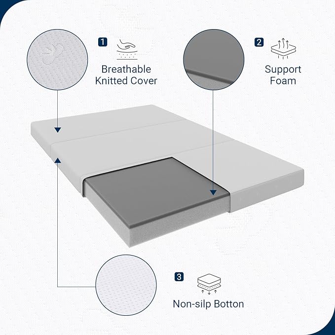 Avenco Tri-fold Mattress - 4 Inch Single Size Portable Floor Mattress with Breathable & Washable Cover | Foldable Memory Foam Topper for Guest Room,RV,Travel,Camping,White