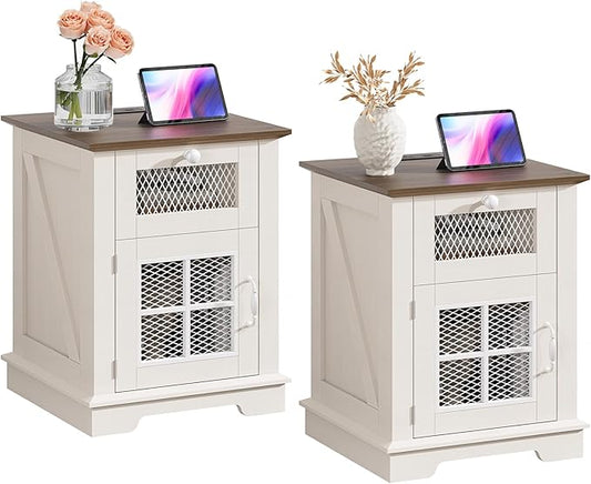 Nightstand Set of 2 with Charging Station, Farmhouse Night Stand Set 2, with 1 Drawer and 1 Cabinet Magnetic Metal Mesh Barn Door, Rustic Wood Bedside for Bedroom, End Table,White (2 Pieces)
