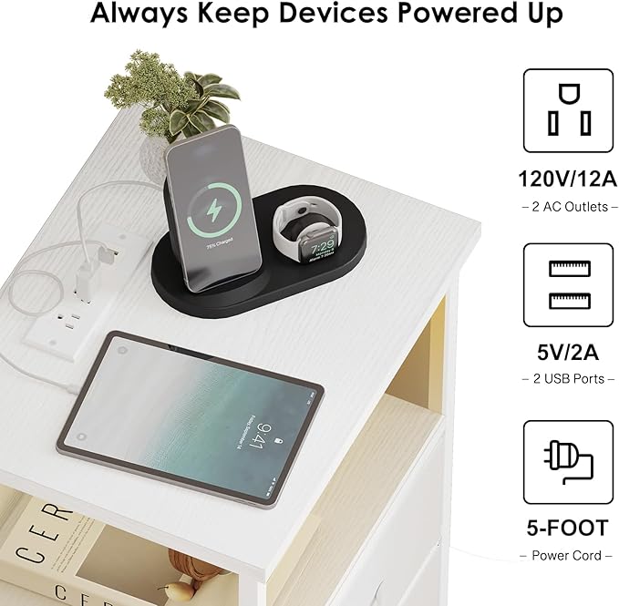 Fixwal Nightstand Set of 2 Night Stand with Charging Station, LED Nightstand with Fabric Drawers, End Table with PU Finish, Bed Side Table, White
