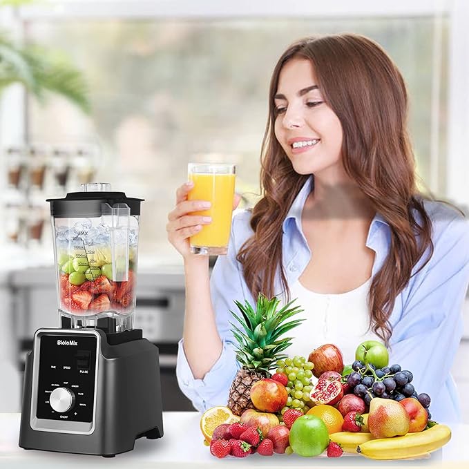 Biolomix Professional Blender, 2200W 6 Automatic Program for Kitchen, Smoothie 70 Oz Capacity with 600 ML Portable Bottle, Ice Blender for Frozen Drinks, Soup, Baby Food（Grey）