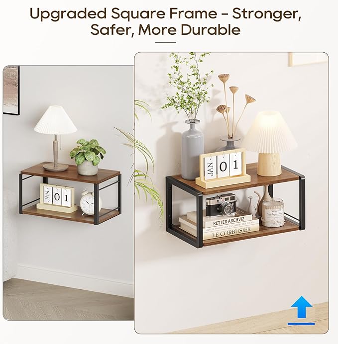 Floating Nightstand Set of 2, Wood Bedside Shelf Wall Mounted Nightstand with Heavy-Duty Frame, Floating Bedside Table for Bedroom, Bathroom, Kitchen, (Vintage Brown, 2 Pack)