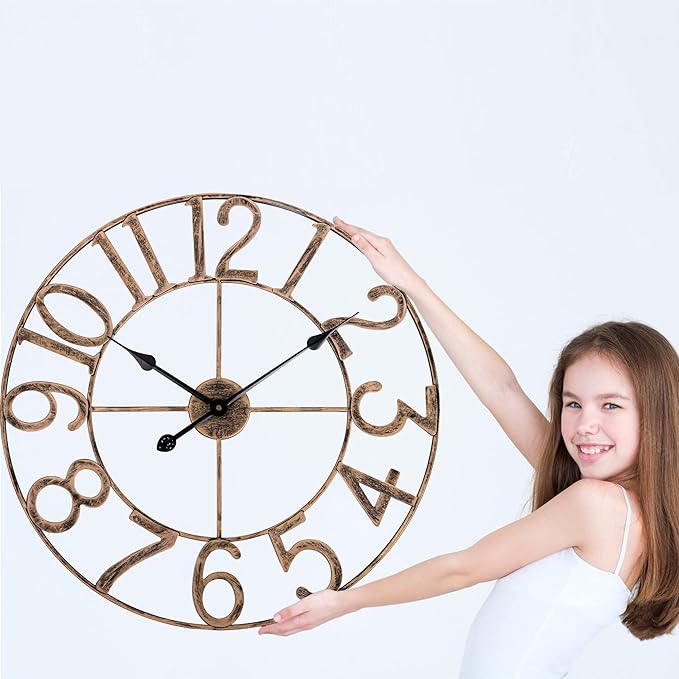 Large Wall Clocks for Living Room Decor, Silent Analog Battery Operated Wall Clock, 24 Inch Bronze Rustic Farmhouse Metal Wall Clock for Indoor, Outdoor