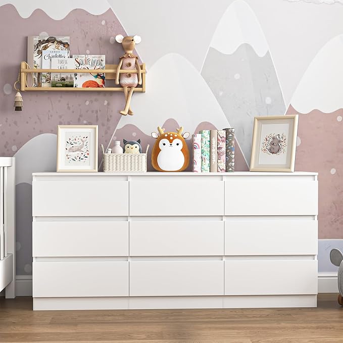 White Dresser for Bedroom, Long 9 Drawer Dresser with Deep Drawer,Modern Wide Wood Storage Chest of Drawer, Bedroom Storage Furniture,TV Stand for Living Room