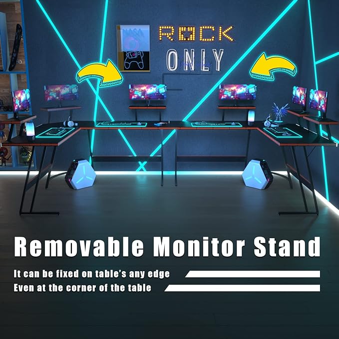 Homall L Shaped Gaming Desk Computer Corner Desk PC Gaming Desk Table with Large Monitor Riser Stand for Home Office Sturdy Writing Workstation (Black, 57 Inch)