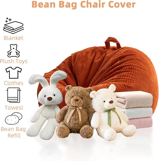 Stuffed Animal Storage Bean Bag Chair Cover, Cover Only (No Filler), Corduroy Toy Organizer Floor Cushion Seat, 48 in/120 cm Slipcover for Teens & Adults,Green