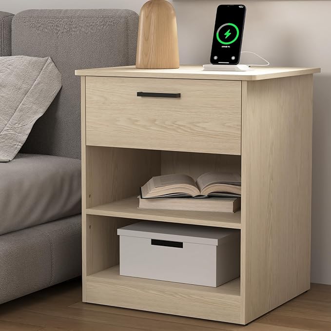 Night Stand with Charger Station, Modern Nightstand with USB Type-C Ports and AC Outlets, Large Bedside Table with Drawer and Open Storage, Wooden End Table for Bedroom (Natural, 1 Drawer)