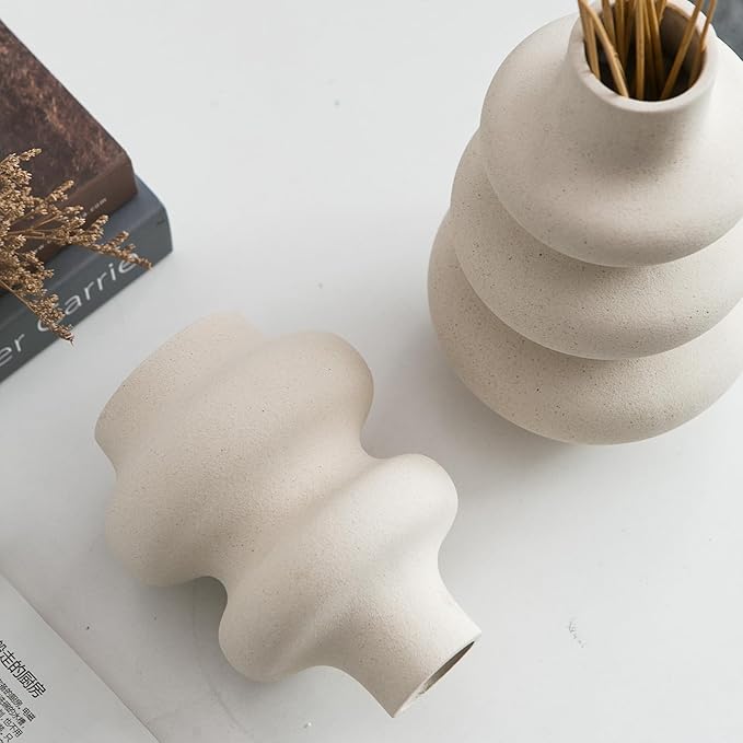 Ceramic Vase Set of 2, Off White Boho Vase for Modern Home Decor, Round Vases for Dried Flower, Pampas Grass, Pottery Vases for Office Centerpieces Wedding Dinner Table