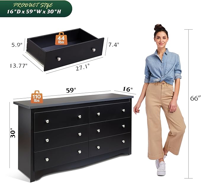 WLIVE Black Dresser with 6 Drawer, 59" Wide Chest of Drawers for Bedroom, Wood Long Nightstand with Drawers, Modern Large Storage Tower Unit, Closet Store Organizer for Living Room