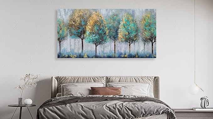NINEASO Abstract Forest Canvas Wall Art - Teal Yellow Trees Pictures Grey Blue Earthy Wall Decor Modern Botanical Painting Print Artwork for Living Room Bedroom Home Office Decor 29" x 58"