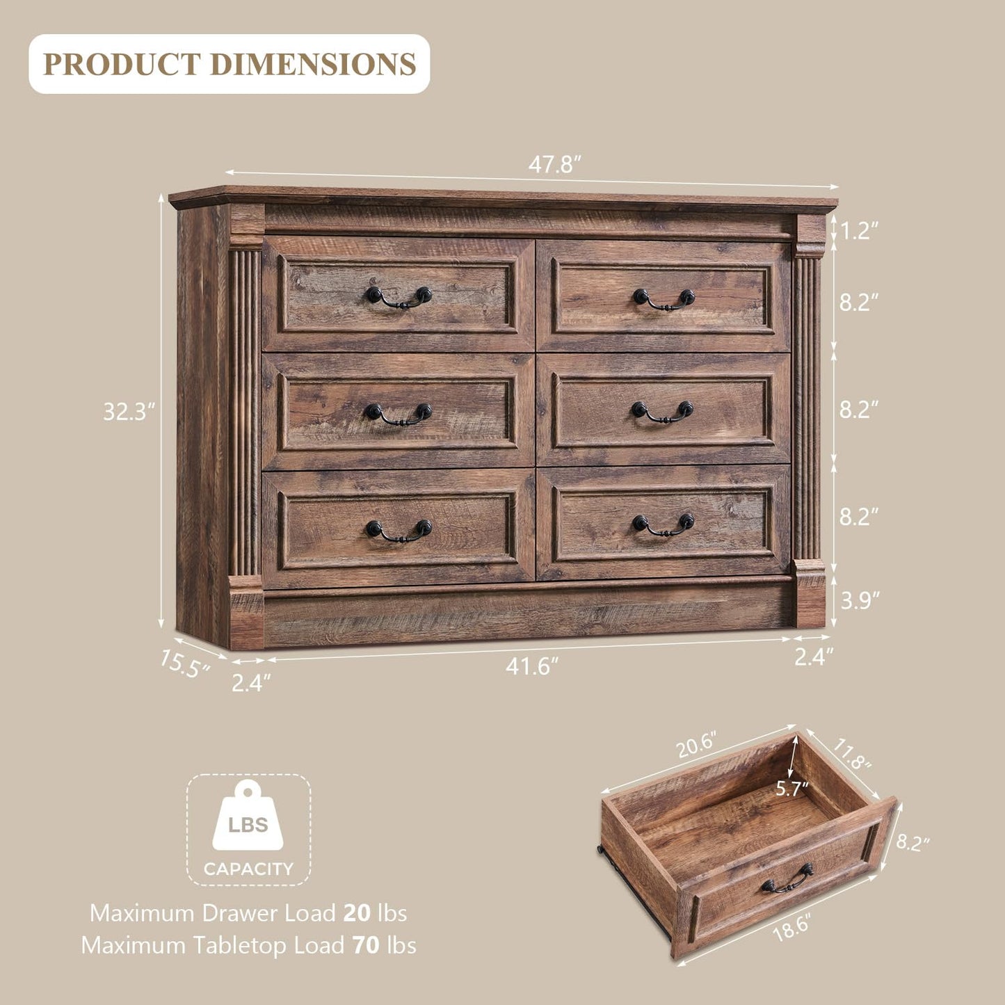 Aitjunz Farmhouse 6 Drawer Dressers for Bedroom, 47'' Wide Dresser & Chests of Drawers w/Roman Columns, Horizontal Wooden TV Stand Dresser w/Metal Handle for Bedroom, Hallway, Living room, Light Brown