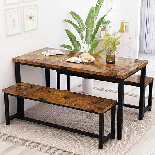 Recaceik Dining Table Set for 4 Kitchen Dining Room Set with 2 Dinner Benches, Farmhouse Breakfast Table for Apartment Small Space, Easy Assembly