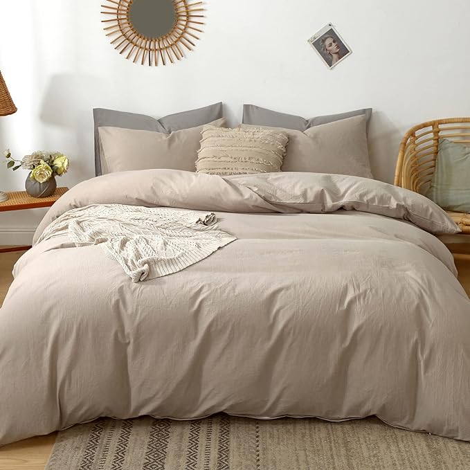 MooMee Bedding Duvet Cover Set 100% Washed Cotton Linen Like Textured Breathable Durable Soft Comfy (Heathered Taupe, Palatial King/Oversized King 120"x98")