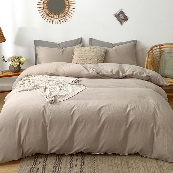 MooMee Bedding Duvet Cover Set 100% Washed Cotton Linen Like Textured Breathable Durable Soft Comfy (Heathered Taupe, Super King 108"x98")