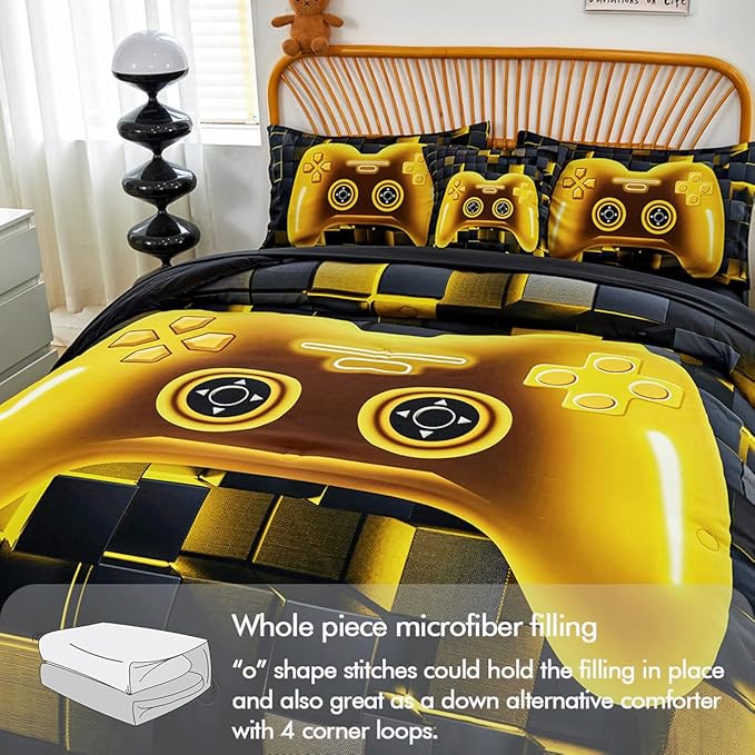PERFEMET 6 Pieces Queen Bed in A Bag Gamer Black and Gold Boys Comforter Set with Sheets Soft Fluffy 3D Cool Video Game Kids Bedding Set for Teen Girls(Gold, Queen)