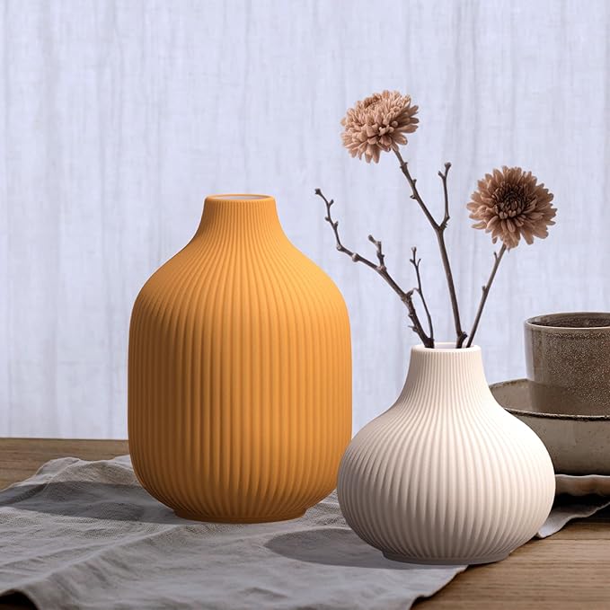Colorful Ceramic Vases Set of 3, Modern Minimalist Ribbed Vases for Centerpiece, Home Office Shelf Decor, Farmhouse Kitchen Bathroom Bedroom Living Room Decor