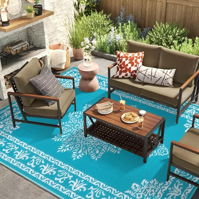 Yamaziot Outdoor Rug 9x12 Ft, Waterproof Plastic Straw Patio Rug, Reversible Backyard Carpet UV Resistant Portable RV Mat Clearance, Large Indoor Outdoor Rug for Patio, Porch, Deck, Balcony, Teal