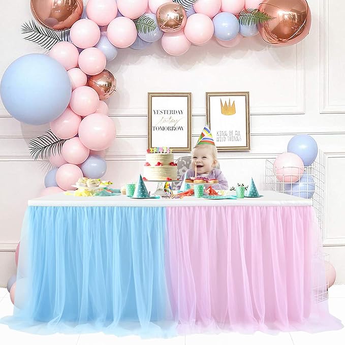 Suppromo 9ft Pink and Blue Gender Reveal Table Skirt Tulle Tutu Table Clothes Cover for Baby Shower Boy or Girl Birthday Party Wedding Cake Decorations