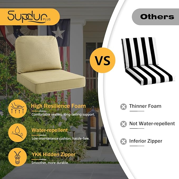 Outdoor Cushions for Patio Furniture Set of 2, 24"x24" Water Repellent Chair Cushions Removable Seat Bottom & Back Cushion Covers for Chair, Sofa, Couch, Warm Taupe