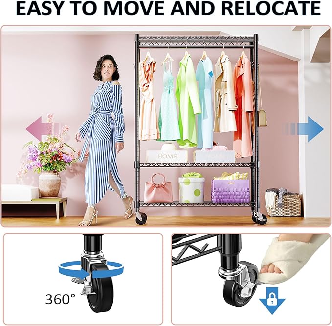 IZEUK Rolling Clothes Rack Heavy Duty, 3-Tier Garment Rack on Wheels for Hanging Clothes with 1 Rod, Metal Freestanding Adjustable Wardrobe Closet Organizer, 45.3" W x 15.7" D x 75.6" H, Black