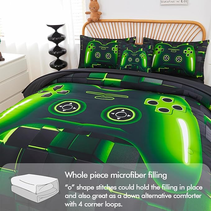 PERFEMET 6 Pcs Full Size Gamer Comforter Set Boys Green Game Console Bedding Set for Kids Teen 3D Black Video Gaming Pattern Bed in A Bag for All Seasons(Green, Full)