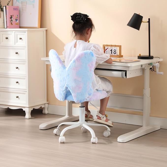 Contemporary Butterfly Shaped Kids Desk Chair, Adjustable Height, Blue-Purple Fur