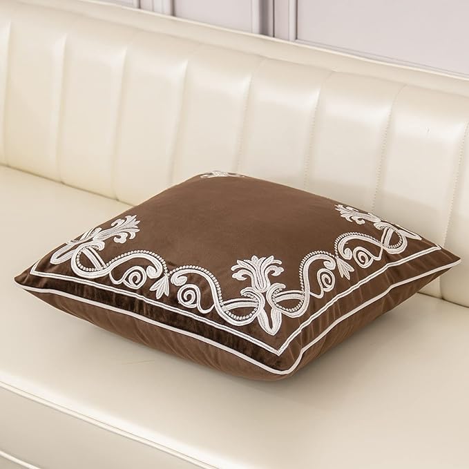 Aeckself European Floral Pillow Cover 18x18 Inch, Luxury Velvet Embroidered Decorative Throw Pillow Cover for Couch Bedroom Living Room, Brown and White