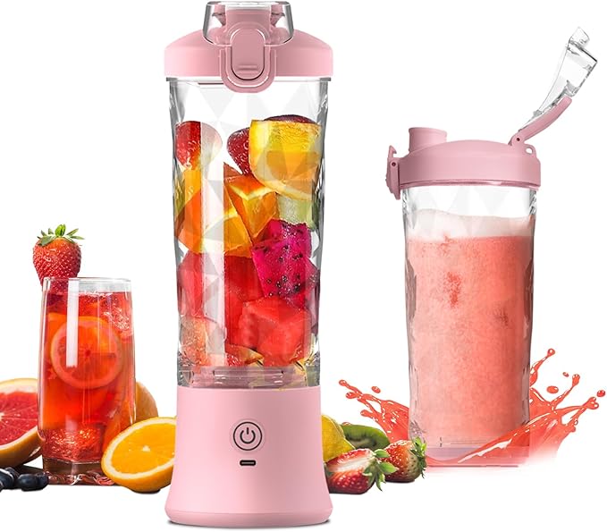 Portable Blender, Personal Blender for Shakes and Smoothies with 20 Oz Travel Cup and Lid, Mini Personal Size Blender with 6 Blades and USB Rechargeable for Gym, Kitchen and Outdoors (Pink)