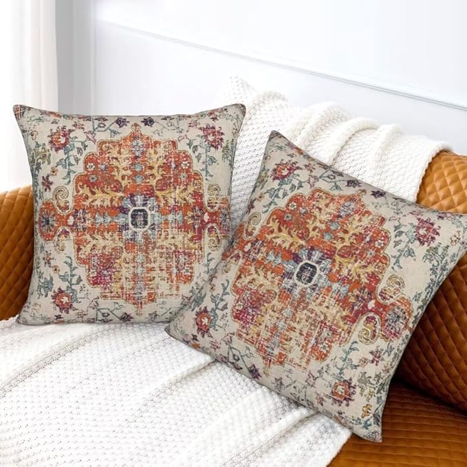 Blue Burnt Orange Boho Throw Pillow Covers 16x16 Set of 2, Farmhouse Carpet Ethnic Decorative Pillow Covers Bohemian Rustic Cushion Cases Linen Gifts for Couch Sofa Indoor Outdoor