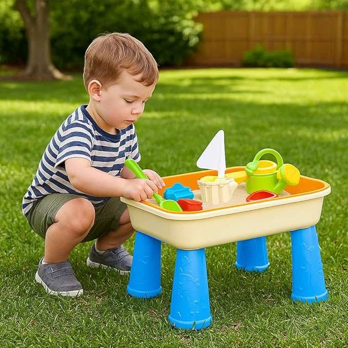 Beach Sand & Water Activity Table for Kids – Portable Play Table with Lid, Toys & Storage – Outdoor Backyard Summer Toy Set with Shovel, Watering Can, Boat & Molds