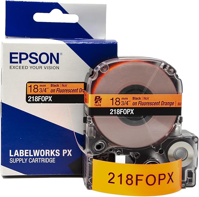 Epson LABELWORKS 218FOPX Genuine PET (Polyester) Tape Cartridge - Black on Fluorescent Orange Label Maker Tape - 3/4" (18MM) Wide, 30'