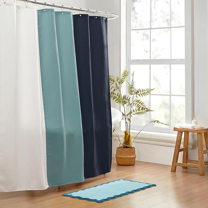 MONDAY MOOSE Bath Mat with Scalloped Wavy Ripple Design, Microfiber Absorbent Non Slip Tufted Rug for Floor, Shower or Kitchen (24x47 inch, Blue)