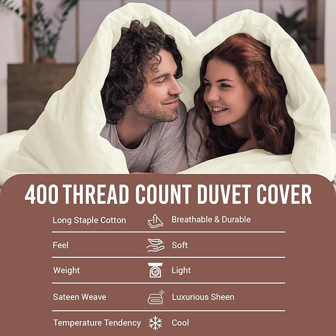 Pizuna Pure 100% Cotton Queen Duvet Cover Set, Luxurious 400 Thread Count Long Staple Cotton Sateen Weave with Button Closure (Combed Off White Cotton Duvet Cover Queen)