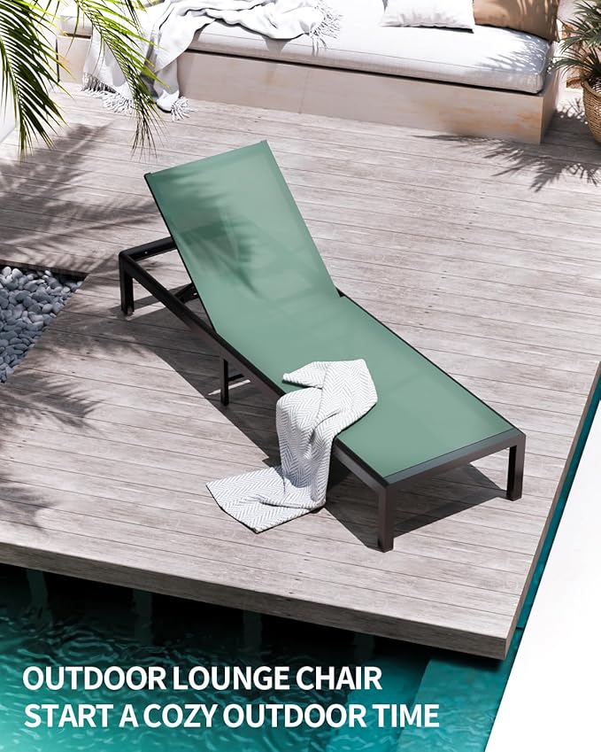 Aluminum Lounge Chairs Outdoor Chaise Furniture,2 Sets Patio Metal Deck Lounger Adjustable 5-Position Poolside Chase Recliner with Wheels for Beach,Coffee Table, (Green, 2 Chair)