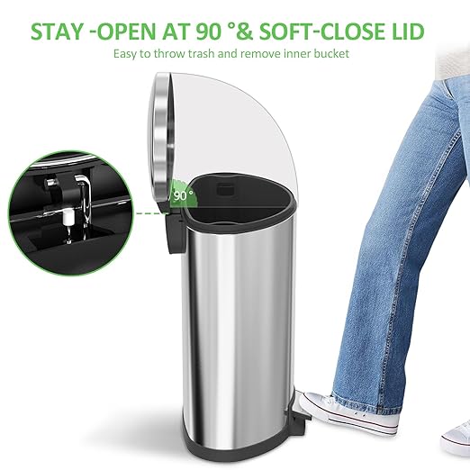 Kitchen Trash Can with Lid - 14.5 Gallon/ 55 L Semi-Round Stainless Steel Trash Can with Removable Inner Liner,Lid Soft Close,Fingerprint Proof,Foot Pedal Garbage Can for Home Office, Silver