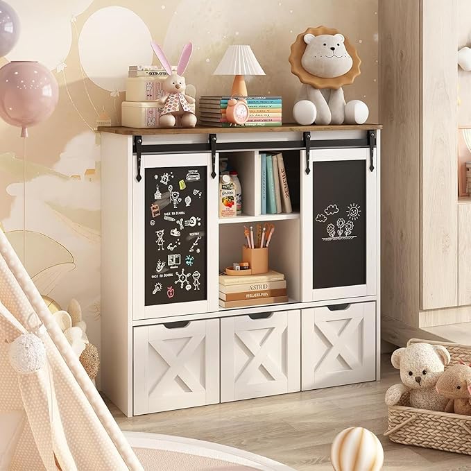 Vabches Toy Storage Organizer with Sliding Blackboard, Kids Bookshelf and Bookcase with 3 Movable Drawers & 5 Storage Cubbies, Multifunctional Storage Cabinet Toy Chest for Playroom,Nursery, Kids Room