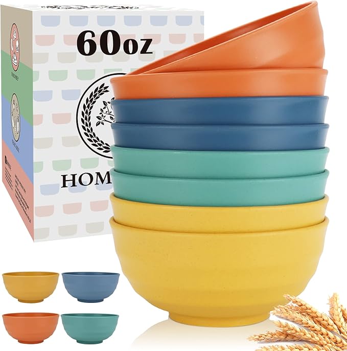 Homienly Large Salad Bowls, Large Soup Bowls Set of 8,Wheat Straw Bowls,Serving Bowl Set for Wedding Parties, 60 Oz Big Bowl for Kitchen, Salad, Soup, Microwave and Dishwasher Safe-Multi Color