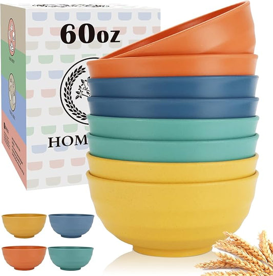 Homienly Large Salad Bowls, Large Soup Bowls Set of 8,Wheat Straw Bowls,Serving Bowl Set for Wedding Parties, 60 Oz Big Bowl for Kitchen, Salad, Soup, Microwave and Dishwasher Safe-Multi Color
