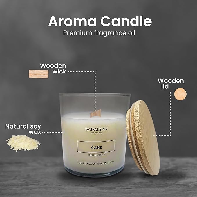 Scented Soy Candles in Glass Jar, Cake Scent, Relaxation Gifts for Women, Home Fragrance, Modern Style, White Color, Non Toxic, Clean Burn, Long Burning