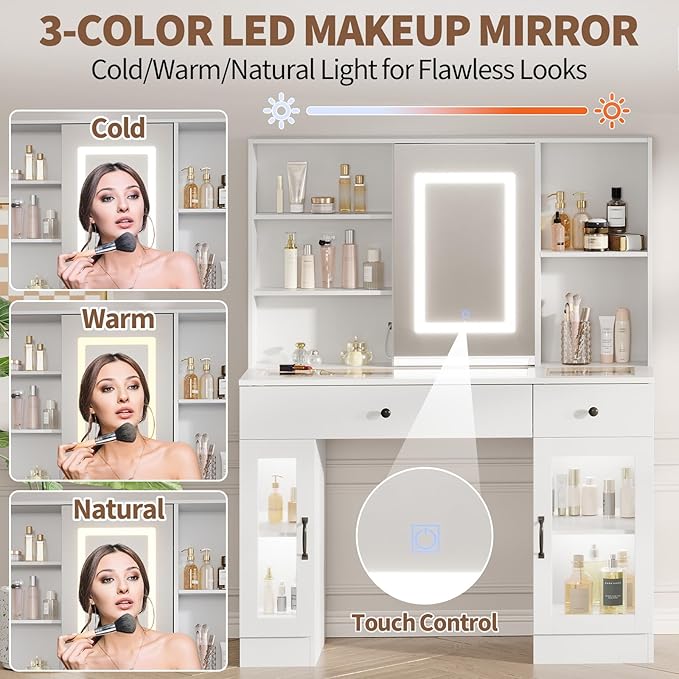 Vanity Desk with Mirror and Lights, Glass Top Vanity Desk with Sliding LED Mirror & 3-Color Lights, Makeup Dressing Table with Storage Drawers, Rainbow Glass Cabinets, USB/AC Outlets, MDF Beauty Hub