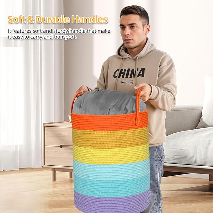 58L Large Dirty Clothes Hamper, Cotton Rope Laundry Hamper with Handles, Woven Foldable Laundry Hamper for Dirty Clothes, Blankets, Pillows in Bathroom, Living Room (Rainbow, 15 x 20in)