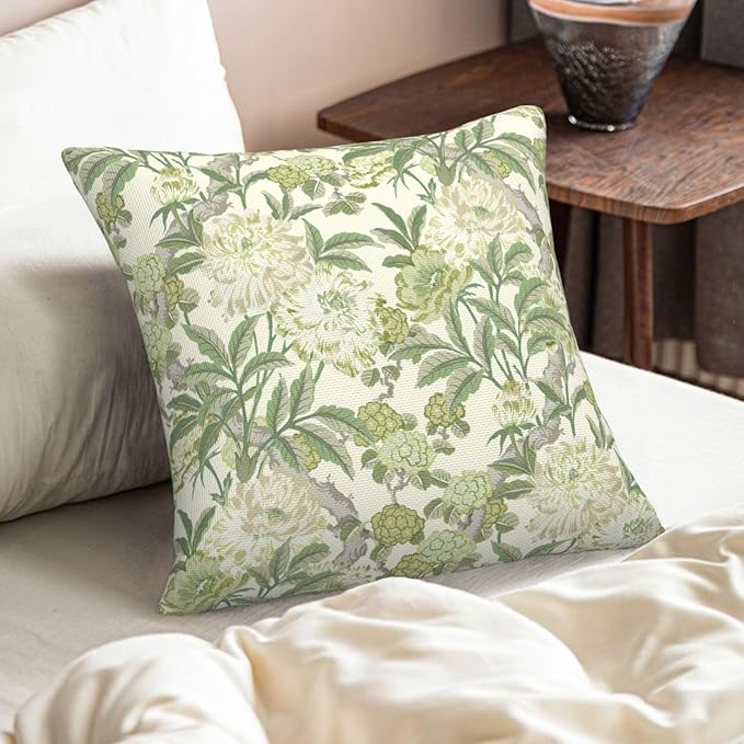 French Country Green Floral Throw Pillow Covers 18x18 Inch Set of 2 Spring Summer Chinoiserie Vintage Flower Pillow Case Farmhouse Decor Cushion Cover of Sofa Living Room Bedroom