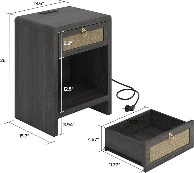 Rattan Nightstand Bedside Table, Nightstand with Charging Station, Boho End Table with Drawer and Storage Shelf, Wood End Table Night Stand for Bedroom, Small Space, Grey Oak