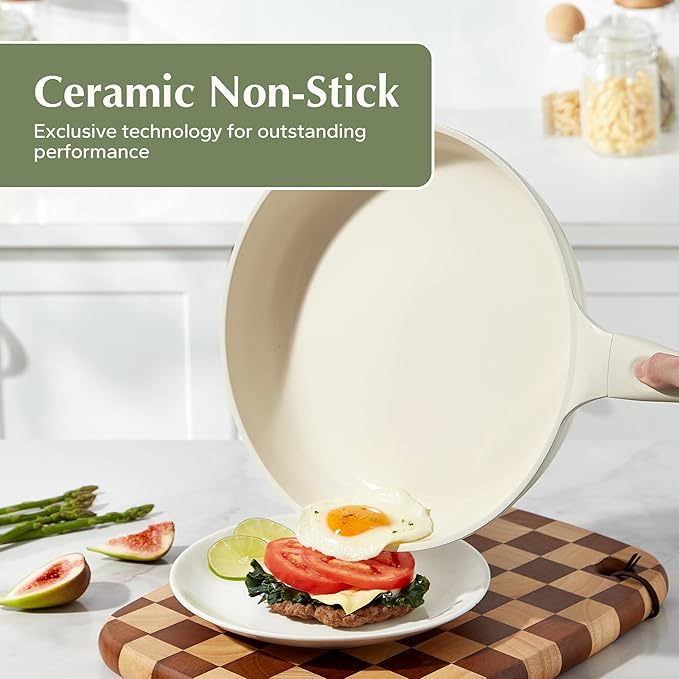 Redchef Ceramic Pan Nonstick, Nonstick Frying Pan, Large Fry Pans, PFAS & PFOA-Free, Non-Toxic, Induction Compatible Pans, Ergonomic Handles, Suitable for All Stove, Beige White, 11"