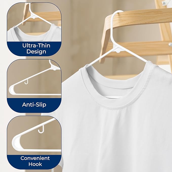 SereneLife 50-Pack White Plastic Hangers – Durable Tubular Slim Design for Shirts, Pants, Coats & Dresses, Space-Saving Closet Organization Hanger Set for Home & Laundry Storage Needs
